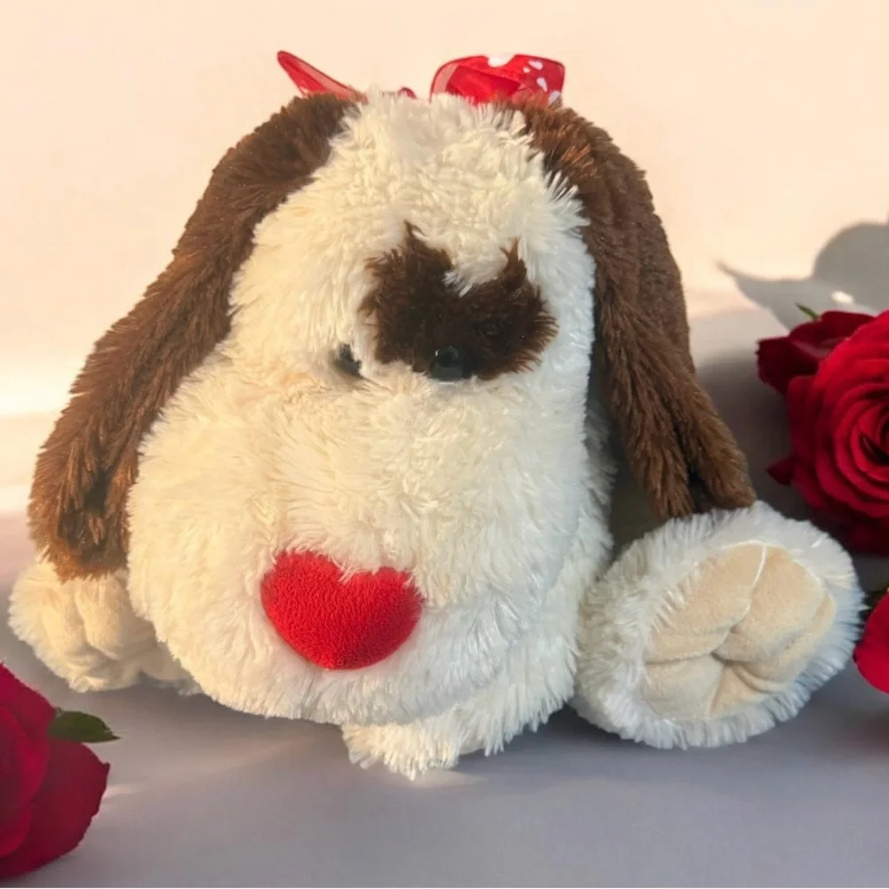 Atico Valentine Puppy Laying 23” Dog Plush Stuffed Animal Brown Cream Heart Bow